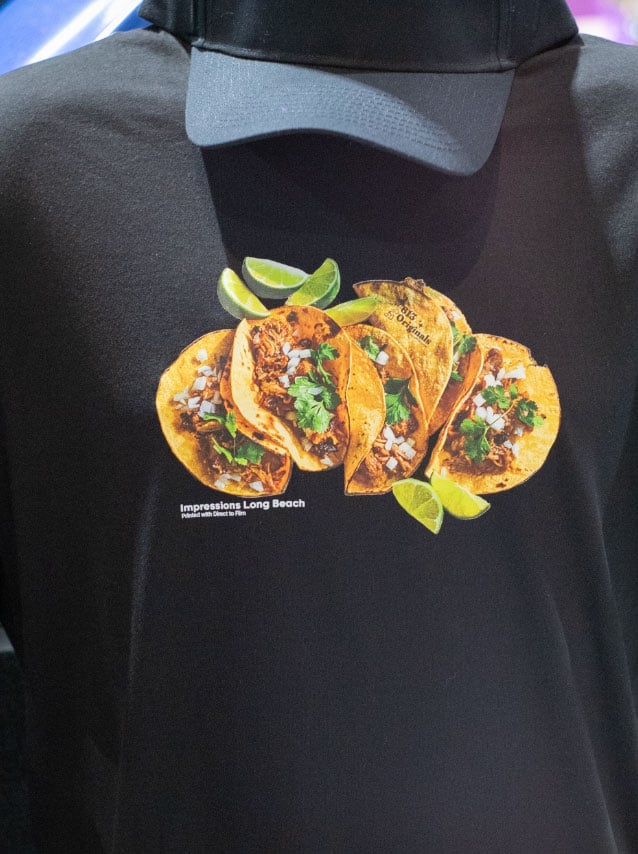 A close up of a taco design made with Direct to Film on a black shirt. Labeled with 613 Originals.